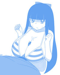 1boy 1girls bangs blue blunt_bangs bow breasts censored clenched_hands closed_mouth collarbone cropped_torso cum cum_on_body cum_on_breasts cum_on_hair cum_on_upper_body ekz erection facial female from_above frown hairbow highres huge_breasts long_hair looking_at_viewer male_pubic_hair monochrome paizuri panty_&_stocking_with_garterbelt penis pubic_hair sketch solo_focus stocking_anarchy straight striped_bikini_top white_background