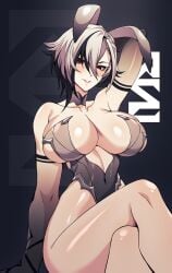 1girls arlecchino_(genshin_impact) big_breasts black_hair blush breasts bunny_ears bunnysuit cero_rains female genshin_impact huge_breasts large_breasts multicolored_hair one_arm_up solo solo_female thick_thighs thighs white_hair