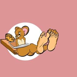 anthro cheese feet feet_up foot_fetish foot_focus furry jerry_mouse mouse mousetrap presenting_feet scrunched_toes simple_background soles struggling stuck stuck_in_object toes tom_and_jerry turner_entertainment two_tone_body two_tone_feet two_toned_soles