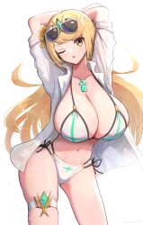 1girls absurd_res alternate_costume arms_above_head arms_up bikini blonde_hair breasts busty cleavage core_crystal curvy female female_focus female_only flower flower_in_hair gonzarez highres large_breasts long_hair looking_at_viewer massive_ass midriff monolith_soft mythra navel nintendo one_eye_closed shirt sunglasses sunglasses_on_head swimsuit thighs unbuttoned very_long_hair voluptuous white_background white_bikini wide_hips xenoblade_(series) xenoblade_chronicles_2 yellow_eyes