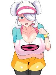 1girls armwear big_breasts black_eyes blush bra breasts clothing cogita_(pokemon) cosplay double_bun enbitonbi female female_only game_freak hair hair_bun hair_over_one_eye hat headwear huge_breasts mature mature_female mature_woman milf pink_bra pokemon pokemon_bw pokemon_legends:_arceus rosa_(pokemon)_(cosplay) solo solo_female visor watch white_hair