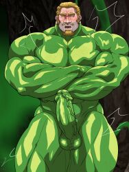 balls bara boner crossed_arms erection facial_hair hitenmaru male male_only muscles muscular nude penis slime solo solo_male