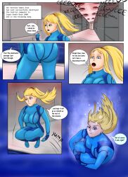 air_bubbles ass blonde_hair blue_eyes bodysuit breasts comic comics english_text female female_only geldibson metroid samus_aran underwater