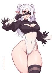 1girls artist_name big_ass big_breasts blindfold bodysuit cosplay curvy_figure elf elf_ears elf_female female female_only frieren hips hourglass_figure leotard nier:_automata solo sousou_no_frieren stocking tight_clothing toksie white_background wide_hips yorha_2b_(cosplay)