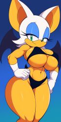 ai_generated anthro bat bat_wings black_bikini blue_eyeshadow eyelashes fit fit_female gradient_background hand_on_hip hands_on_hips huge_breasts muscular_female navel pose rouge_the_bat simple_background small_waist solo solo_female solo_focus sonic_(series) sonic_the_hedgehog_(series) swimwear tail tan_body teal_eyes thick_thighs tummy virtuai white_gloves