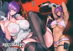 1boy 2girls :q absurdres apron armpits arms_up black_hair black_legwear black_panties blue_eyes blush breasts car cleavage collar collarbone cover cover_page dark_skin doujin_cover erect_nipples fei_(maidoll) garter_belt ground_vehicle high_heels highres highschool_of_the_dead huge_breasts katana lamborghini lamborghini_veneno large_breasts long_hair looking_at_viewer motor_vehicle multiple_girls naked_apron navel nipples panties parted_lips purple_hair rika_minami saeko_busujima see-through sheath sheathed smile sports_bikini sunglasses sweat sword takashi_komuro tank_top thigh_strap thighhighs tongue tongue_out underwear vehicle weapon wet wet_clothes