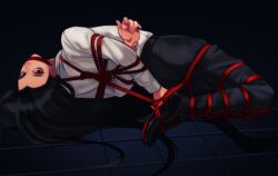 black_hair bondage bound bound_arms bound_legs clothed danganronpa danganronpa_2:_goodbye_despair gag gagged izuru_kamukura long_hair looking_at_viewer on_floor red_eyes red_rope restrained restrained_arms restrained_legs rope rope_bondage ropes shibari_over_clothes shoes solo solo_male tdn_ng tied tied_arms tied_legs tied_up