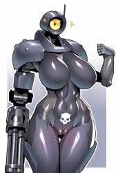 2d ai_generated alt_ra_x anthro breasts curvy curvy_female female female_focus female_only glistening_body gun helldivers helldivers_2 humanized humanoid large_breasts minigun nipple_bulge nipples nude nude_female one_eye pussy robot robot_girl robot_humanoid shiny_skin thick_thighs toned toned_female weapon white_background yellow_eyes