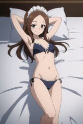 1girls 2d 2d_(artwork) 2d_artwork ai_generated armpits arms_behind_head arms_up bed bedroom black_bikini black_bra black_panties black_underwear breasts brown_hair cleavage confident karakai_jouzu_no_takagi-san laying_on_back laying_on_bed long_hair maid_bikini maid_headdress medium_breasts nai_diffusion naughty_face naughty_smile pose posing seductive seductive_look seductive_smile sensual sexy_armpits showing_armpits stable_diffusion takagi-san unconventional_maid