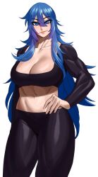 1girl 1girls absurdres bangs bangs_between_eyes bangs_over_eyes bangs_over_one_eye big_breasts black_pants black_shirt blue_eyes blue_eyes_female blue_hair blue_hair_female breasts cleavage clothing commission crop_top eyelashes female female_only freckles hand_on_hip hand_on_own_hip highres large_breasts long_hair long_sidelocks long_sleeves looking_at_viewer messy_hair midriff navel original original_character pants parted_lips shirt sidelocks simple_background smile smiling smiling_at_viewer solo sotcho tight_clothes tight_clothing tight_pants tight_top tight_topwear very_high_resolution white_background