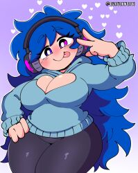 1girls big_breasts blue_hair blush comission female female_only headphones heart heterochromia quavernsfw sweater tagme thick_thighs tongue tongue_out voluptuous