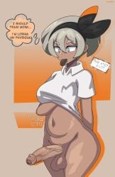 1futa alfwenx balls bea_(pokemon) big_ass big_penis bottomless bottomless_futanari breasts brown_skin chubby clothed clothing dark-skinned_futanari dark_skin dialogue embarrassed english_text erection food futa_only futanari game_freak grey_hair human nintendo partially_clothed partially_retracted_foreskin penis pokemon pokemon_ss short_hair solo solo_futa standing tan tan-skinned_female tan_body tan_skin tanned tanned_skin text thick_thighs uncensored uncut weight_conscious weight_gain