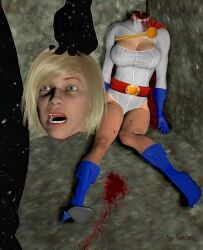 3d beheaded blood brown_eyes cleavage_cutout cleavage_window clothed dc_comics dead death decapitation female female_death femfan1 gore guro headless holding_hair holding_head power_girl pulling_hair severed_head short_hair