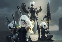 4girls absurdres artist_request black_gloves black_legwear blindfold character_request elbow_gloves feather-trimmed_sleeves female gloves highres long_hair multiple_girls nier nier:_automata open_mouth parted_lips ponytail silver_hair smile sword teeth thighhighs weapon yorha_a2