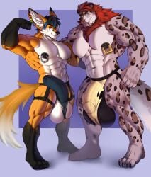 2022 abs absurd_res anthro anthro_only balls big_balls bulge canid canine clothing darius_(snowdarius) detailed_bulge duo ear_piercing ear_ring erection felid flaccid fox genital_outline genitals hi_res humanoid_genitalia humanoid_penis ineffective_clothing jockstrap luiixury_art male male_only mammal mostly_nude muscular muscular_anthro muscular_male nipple_piercing nipple_ring nipples pantherine pecs penis penis_outline piercing pose ring_piercing snow_leopard todd_(ttrf) torn_clothing underwear wardrobe_malfunction