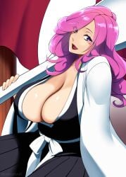 1girls black_kimono bleach breasts carrying_over_shoulder cleavage commentary_request haori highres hikifune_kirio huge_breasts japanese_clothes kimono long_hair long_sleeves looking_at_viewer mattari_yufi milf open_mouth pink_hair purple_eyes red_lips sash solo taichou_haori upper_body voluptuous