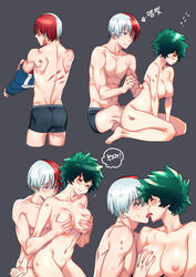 1boy 1girls aneunyeoja areola areolae back beige_skin black_background blue_eyes blush breast_grab breasts closed_eyes cotton_swab female female_deku flying_sweatdrops freckles french_kiss genderswap_(mtf) grabbing grabbing_from_behind green_eyes green_hair grey_eyes highres injury izuku_midoriya japanese_text kissing large_breasts male multicolored_hair my_hero_academia navel nipples nude open_mouth red_hair rule_63 scar sequential sex short_hair shouto_todoroki sitting straight text thought_bubble tongue tongue_out two-tone_hair uncensored undressing wariza wavy_mouth white_hair wince