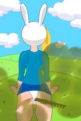 adventure_time ass ass_focus biting_lip blonde_hair blue_shirt blue_skirt bunny_ears embarrassed fart fart_fetish fionna_the_human_girl grass hat in_public outside panties smell smelly stinkify white_hat white_panties