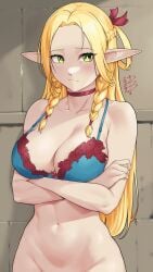 1girls arms_crossed artist_signature bellybutton blonde_hair bow bow_bra bra braided_hair busty choker cleavage damobelmont delicious_in_dungeon dungeon_meshi elf elf_ears elf_female green_eyes light-skinned_female light_skin marcille_donato navel pantyless undressed upper_body