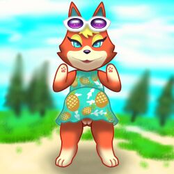 3_toes animal_crossing anthro audie_(animal_crossing) barefoot blonde_hair blue_eyes blue_sky canid canine canis clothing dress eyelashes eyeshadow eyewear feet female food fruit funkyfetus genitals grass hair hi_res looking_at_viewer makeup mammal nintendo outside pawpads pineapple plant pussy red_body sky solo solo_focus sunglasses toes tree wolf yellow_eyeshadow