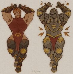 armor armored_male armpit_hair bara beard brown_hair character_sheet chillybons facial_hair facial_mark helmet large_thighs reference_image reference_sheet robe stellan thighhighs tied_hands tied_up