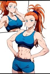 abs ai_generated anonymoususer31415p blue_eyes blush captain_mizuki color comic female fit_female looking_at_viewer orange_hair red_head sports_bra track_suit