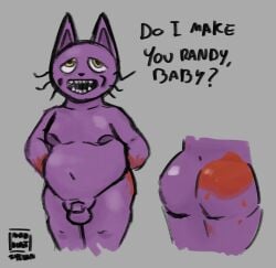 absurd_res anthro balls belly blood bodily_fluids fear_and_hunger felid feline fur genitals hi_res mad-depot male mammal moobs overweight overweight_male penis pocketcat_(fear_and_hunger) purple_body purple_fur shaded simple_background simple_coloring simple_shading small_penis solo