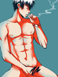 1boy abs cigarette erection kougami_shin'ya male male_only nana_(mioumiou46) nude penis psycho-pass sitting smoke smoking solo testicle