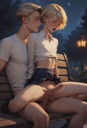 1femboy 2boys ai_generated anal anal_sex artificial_intelligence femboy femboysub human leaning light-skinned_male male_on_femboy moon park park_bench partially_clothed penetration penis penis_in_ass reverse_cowgirl_position rqueirozbr short_hair sitting_on_lap skirt slim