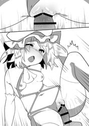 1boy ascot bangs bar_censor bare_shoulders blush breasts censored eyebrows_visible_through_hair female flandre_scarlet greyscale hat highres kz_oji mob_cap monochrome navel nipples nose_blush one_eye_closed open_mouth penis pussy sex side_ponytail slit_pupils small_breasts straight thighhighs touhou vaginal_penetration