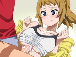 after_paizuri bare_shoulders blonde_hair blue_eyes blush bottomless breast_squeeze breasts censored cleavage closed_mouth cum cum_on_breasts cum_on_upper_body female gundam gundam_build_fighters gundam_build_fighters_try highres hoshino_fumina jacket large_breasts looking_down lying mosaic_censoring open_jacket paizuri_under_clothes penis ponytail silver_meteor simple_background sitting sitting_on_person solo_focus sports_bra sweatdrop wavy_mouth yellow_jacket