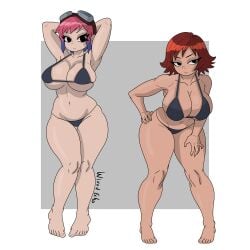 2girls armpits arms_behind_head arms_up black_eyes black_underwear female female_only freckles freckles_on_breasts freckles_on_face freckles_on_shoulders freckles_on_thighs goggles goggles_on_head hand_on_hip huge_breasts kim_pine pawg pink_hair purple_hair ramona_flowers red_hair scott_pilgrim short_hair two_tone_hair underwear wixedecho