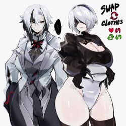 2girls arlecchino_(genshin_impact) blindfold breasts cleavage female female_only genshin_impact high_resolution kurenaiz1 large_breasts leotard light-skinned_female light_skin nier:_automata thighs very_high_resolution wide_hips yorha_2b