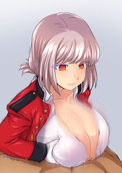 1boy bangs braid breast_squeeze breasts buttons censored cleavage collarbone dress_shirt eyelashes fate/grand_order fate_(series) female florence_nightingale_(fate) folded_ponytail grey_background highres isemagu jacket large_breasts military_jacket mosaic_censoring motion_blur orange_eyes paizuri penis pink_hair red_jacket shirt signature simple_background swept_bangs