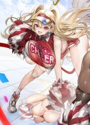 absurdres blonde_hair blush breasts cheerleader clay_(nikke) female goddess_of_victory:_nikke highres huge_breasts leaning_forward long_hair looking_at_viewer open_mouth pom_pom_(cheerleading) red_eyes skirt smile solo_focus teddy_(khanshin) unaligned_breasts underboob