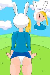 adventure_time ass ass_focus biting_lip blonde_hair blue_shirt blue_skirt bunny_ears embarrassed fionna_the_human_girl grass hat in_public outside panties stinkify white_hat white_panties