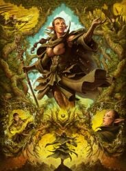 armor big_breasts breasts brown_hair elf face_markings fantasy female female forest green_eyes humanoid large_breasts magic magic_the_gathering nipples nissa_revane no_pupils planeswalker pointy_ears