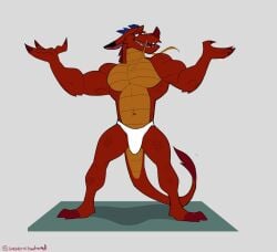 anthro biceps bulge claws clothed clothing detailed_bulge disney dragon eastern_dragon fangs genericboxhead genital_outline hi_res male male_only mulan mulan_(1998) muscular mushu mythological_creature mythological_scalie mythology navel penis_outline scalie smile solo standing teeth topless underwear