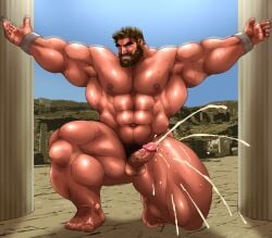 1boy balls bara beard boner cum ejaculation erection facial_hair greek_mythology handsfree_ejaculation hercules hitenmaru male male_only muscles muscular muscular_male muscular_male_only mythology nude on_one_knee orgasm penis solo solo_male sweat sweating swinging_penis