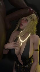 3d 3d_(artwork) 3d_model big_breasts blender cock_on_face cock_worship dark-skinned_male dark_skin elden_ring glowing_jewelry huge_cock imminent_sex interracial light-skinned_female light_skin queen_marika_the_eternal smile teasing vayo_nsfw