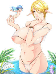 2girls aratama_(a-tama) areolae ass blonde_hair blue_hair breasts butt_crack elf fairy flower green_eyes hips huge_breasts long_hair looking_at_viewer multiple_girls navel nipple nipples nude one_breast_out one_eye_closed parted_lips pointy_ears puffy_nipples short_hair simple_background small_breasts smile thighs water white_background