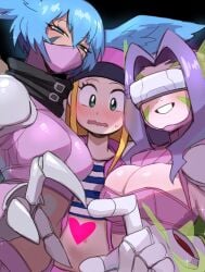 3girls blonde_hair blue_eyes blush digimon digimon_(species) digimon_frontier fairymon female female_only heart heart_hands heart_hands_duo hi_res human izumi_orimoto lightsource looking_at_viewer narrowed_eyes purple_hair shutumon smiling smiling_at_viewer wavy_mouth zephyrmon