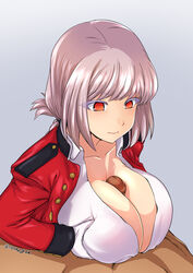 1boy bangs braid breast_squeeze breasts buttons censored cleavage collarbone dress_shirt eyelashes fate/grand_order fate_(series) female florence_nightingale_(fate) folded_ponytail grey_background highres isemagu jacket large_breasts military_jacket mosaic_censoring orange_eyes paizuri penis pink_hair red_jacket shirt signature simple_background swept_bangs