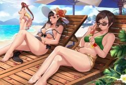 3girls adjusting_eyewear aerith_gainsborough ass beach beach_chair beach_umbrella bikini black_hair book bracelet braided_ponytail breasts brown_eyes brown_hair bubble_tea bubble_tea_challenge clouds exlic final_fantasy final_fantasy_vii flower_bracelet food green_bikini green_swimsuit headband holding_innertube holding_popsicle innertube large_breasts long_hair looking_over_eyewear looking_over_sunglasses midriff navel ocean outside painted_fingernails pink_bikini pink_swimsuit popsicle red_eyes short_hair shorts side-tie_bikini side-tie_swimsuit sky sun_hat sunglasses swimsuit tifa_lockhart tinted_eyewear water white_bikini white_swimsuit yellow_shorts yuffie_kisaragi