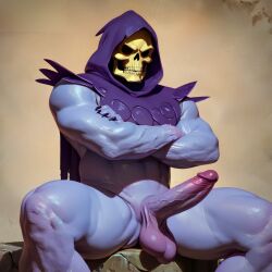 ai_generated balls hood male male_only masters_of_the_universe penis purple_body sitting skeletor skull_head solo stable_diffusion