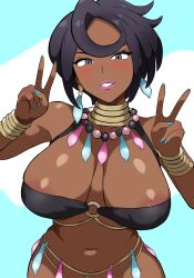 1girls alternate_version_available areola_slip areolae armwear big_breasts black_eyes black_hair blue_nail_polish blue_nails blush bracelet breast_focus breasts cleavage condom condom_balloon condom_earring condom_necklace double_peace_sign ear_piercing earrings enbitonbi female female_only game_freak hair huge_breasts large_breasts lips lipstick mature mature_female mature_woman nail_polish nails necklace neckwear olivia_(pokemon) peace_sign pearl_necklace pink_lips pink_lipstick pokemon pokemon_sm smile solo tubetop used_condom