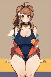 ai_generated beach brown clothing dog_ears dog_girl dressed hair huge_breasts latam_virtual_youtuber lilybell_vt long_hair nipples oneeshi ponytail ricochetk sitting solo_female swimsuit virtual_youtuber vtuber vtuberfanart wide_hips