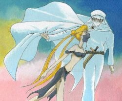 1boy 1girls bare_arms bare_legs bare_midriff bare_shoulders bare_thighs belly_button belt bishoujo_senshi_sailor_moon black_bra black_brooch black_hair black_loincloth black_veil blonde_hair blue_eyes bra brooch cape cape_grab cleavage clothing face_veil female girl gold_(metal) gold_jewelry gold_necklace gold_neckwear hachiko77 hair_ornament loincloth long_hair long_ponytail male middle_eastern middle_eastern_clothing midriff moonlight_knight navel necklace ponytail short_hair silk silk_bra silk_clothing silk_loincloth silk_skirt small_breasts sword tiara turban twintails usagi_tsukino veil white_cape white_outfit