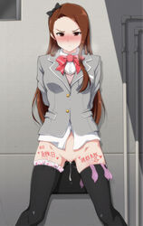 >:( after_sex against_wall arms_behind_back black_bow blazer blush body_writing bottomless bow bowtie brown_eyes brown_hair closed_mouth condom condom_in_thighhighs cum cum_in_pussy cum_string cumdrip female grey_jacket hairband hairbow heart idolmaster idolmaster_(classic) impregnation jacket japanese_text legs_apart long_sleeves looking_at_viewer minase_iori nose_blush pointless_condom pussy red_bow red_bowtie ribbon school_briefcase school_uniform shirt solo standing sweatdrop tengu_(tetuo_kun) tetuo_kun thighhighs translated used_condom very_long_hair white_shirt