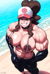 abs ai_generated beach biceps dark_nipples elbow_gloves evil_grin evil_smile extreme_muscles female gloopai grin hands_on_hips hilda_(pokemon) latex latex_gloves looking_at_viewer muscular muscular_arms muscular_female nipple_piercing nipples pants pokemon smirk sunlight vein veins veiny veiny_muscles